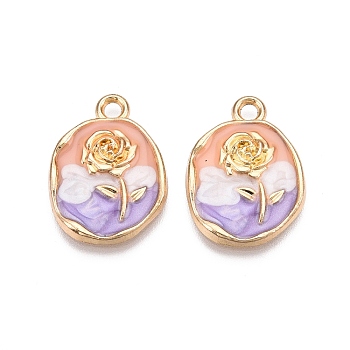 Rack Plating Alloy Enamel Pendants, Cadmium Free & Nickel Free & Lead Free, Light Gold, Oval with Flower Charm, PeachPuff, 21x15.5x3mm, Hole: 1.8~2mm