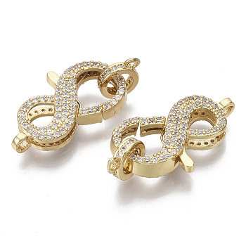 Brass Micro Pave Clear Cubic Zirconia Lobster Claw Clasps, with Tube Bails, Nickel Free, Number 8, Real 16K Gold Plated, Clasp: 24x14.5x5mm, Hole: 1.5x2mm, Tube Bails: 9.5x7.5x1.5mm, hole: 1.2mm