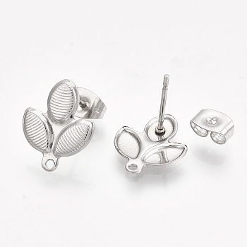 304 Stainless Steel Stud Earring Findings, with Loop and Ear Nuts/Earring Backs, Leaf, Stainless Steel Color, 14x11mm, Hole: 1mm, Pin: 0.7mm