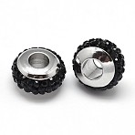 Rondelle 304 Stainless Steel Polymer Clay Rhinestone European Beads, with Double Side Platinum Color Core, Stainless Steel Color, Jet, 10x6mm, Hole: 4mm(GPDL-P003-01)