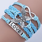 Imitation Leather Multi-strand Bracelets, Alloy Butterfly/Infinity/Word Love Charm Bracelets for Women, Antique Silver, Light Sky Blue, 7-1/2 inch(19cm)(WG22DAF-06)