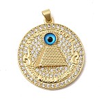 Brass Micro Pave Cubic Zirconia Pendants, Long-Lasting Plated, Rack Plating, Lead Free & Cadmium Free, Flat Round with Evil Eye Charms, Real 18K Gold Plated, with Resin, Real 18K Gold Plated, 39x35x4.5mm, Hole: 5x4mm(KK-H267-085G)
