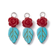 Dyed Synthetic Turquoise & Opaque Resin Pendants, Leaf with Rose Flower Charms, Platinum, 27x9x7mm, Hole: 3mm(PALLOY-JF02713)