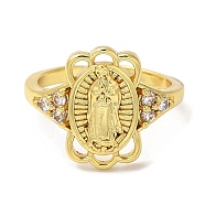 Clear Cubic Zirconia Virgin Mary Open Cuff Rings, Rack Plating Brass Jewelry, Long-Lasting Plated, Real 18K Gold Plated, Inner Diameter: 17mm(RJEW-Q168-04G)