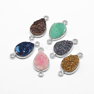 Electroplate Natural Druzy Crystal Teardrop Links connectors, with Platinum Plated Brass Findings, Dyed, Mixed Color, 23x12x4~6mm, Hole: 2mm(G-A124-02-S)