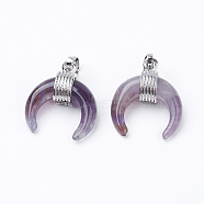 Natural Amethyst Pendants, with Brass Findings, Double Horn/Crescent Moon, Platinum, 22~23x19~20x9mm, Hole: 5x7mm(X-G-E425-05P)