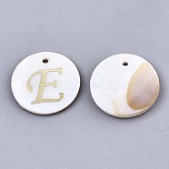 Natural Freshwater Shell Pendants, with Golden Plated Brass Etched Metal Embellishments, Flat Round with Letter, Letter.E, 15x2mm, Hole: 1.2mm(SHEL-N027-04E)