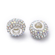 Grade A Rhinestone European Beads, Large Hole Beads, Resin, with Silver Color Plated Brass Core, Rondelle, Crystal AB, 15x10mm, Hole: 5mm(CPDL-H001-10)