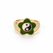 Rack Plating Light Gold Alloy Enamel Wide Band Rings, Cadmium Free & Lead Free, Star with Yin Yang, Dark Green, US Size 7(17.3mm)(RJEW-Q163-006-RS)