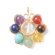 7 Chakra Gemstone Beaded Copper Wire Wrapped Pendants, Flower Charms, Light Gold, Mixed Dyed and Undyed, 29x26x8mm, Hole: 2.2mm(PALLOY-TA00008)