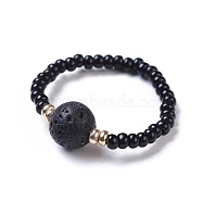 Natural Lava Rock Stretch Rings, with Glass Seed Beads, Size 8, 18mm(RJEW-JR00255-01)