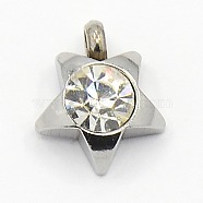 201 Stainless Steel Rhinestone Star Charm Pendants, Grade A, Faceted, Crystal, 9x8x3mm, Hole: 1mm(RB-M030-01J)