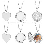 6Pcs 3 Style Heart & Flat Round & Flower 304 Stainless Steel Photo Locket Necklaces Set with Cable Chains for Women, Stainless Steel Color, 17.72 inch(45cm), 2Pcs/style(NJEW-UN0001-37)