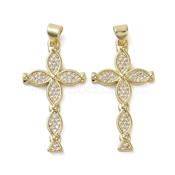 Brass Micro Pave Clear Cubic Zirconia Pendants, Cross, Real 16K Gold Plated, 33x18x3mm, Hole: 4x3mm(KK-H466-09G-01)