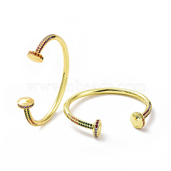 Colorful Cubic Zirconia Flat Round Open Cuff Bangle, Brass Jewelry for Women, Light Gold, Inner Diameter: 2-3/8x1-7/8 inch(6x4.75cm)(BJEW-I310-01LG)