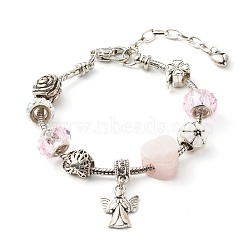 Heart Angel Clover Flowers European Bracelet for Teen Girl Women, Natural Rose Quartz & Glass & Alloy Beads Bracelet, 8-1/8 inch(20.5cm)(BJEW-JB06849-01)