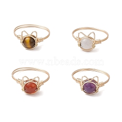 4Pcs 4 Styles Natural Amethyst & Tiger Eye & Rainbow Moonstone & Carnelian Finger Rings Sets, Cat Shape Copper Wire Wrapped Ring for Women, US Size 8(18.1mm), 1pc/style(RJEW-TA00154)