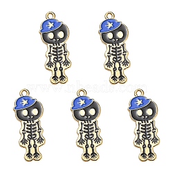 5Pcs Alloy Enamel Pendants, Skeleton with Hat Charm, Golden, Blue, 32.5x13x1.5mm, Hole: 1.6mm(ENAM-YW0001-49C)