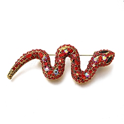 Snake Rhinestones Pins, Golden Alloy Brooches for Backpack Clothes, Ruby, 66.5x24.5mm(JEWB-M051-02G-01)