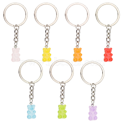 7Pcs 7 Colors Candy Color Transparent Bear Resin Pendant Keychain, for Keychain Mobile Phone Car Key Bag Pendant Decoration, Mixed Color, 7.3cm, 1pc/color(KEYC-CP0001-17)
