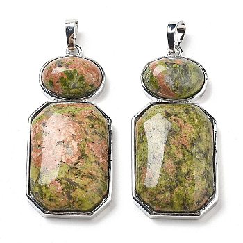 Natural Unakite Human Body Shaped Pendants, Rack Plating Brass Oval & Rectangle Charms, Platinum, 50x22.5x8mm, Hole: 8x5mm