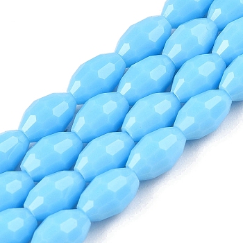 Opaque Solid Color Imitation Jade Glass Beads Strands, Faceted, Oval, Light Sky Blue, 8x5.5mm, Hole: 1mm, about 70pcs/strand, 22.2~22.64''(55.5~57.5cm)