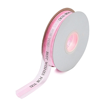 Stain Ribbon, with Lace, for Package, Black Word BEST WISHES FOR YOU, Pink, 1 inch(25mm), about 50yard/roll