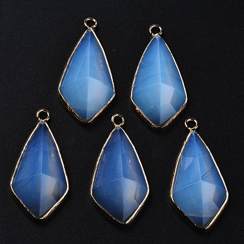 Opalite Charms, with Golden Plated Brass Edge and Loop, Faceted, Rhombus, 35x17.5x8.5mm, Hole: 2mm