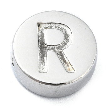 Tarnish Resistant 304 Stainless Steel Beads, Flat Round with Letter, Stainless Steel Color, Letter R, 8x3mm, Hole: 1.6mm