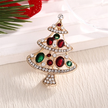 Christmas Theme Light Gold Alloy Brooch, Enamel Pins, with Rhinestone, Christmas Tree, 44x31mm