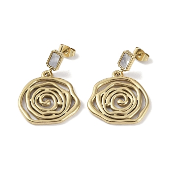 Flower 304 Stainless Steel Shell Stud Earrings, Dangle Earrings for Women, Real 18K Gold Plated, 32x22.5mm