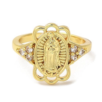 Clear Cubic Zirconia Virgin Mary Open Cuff Rings, Rack Plating Brass Jewelry, Long-Lasting Plated, Real 18K Gold Plated, Inner Diameter: 17mm