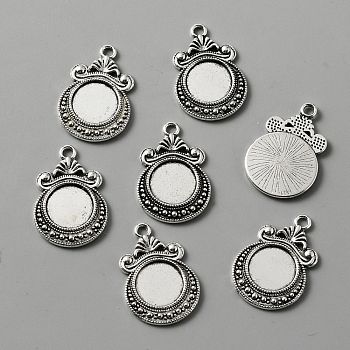 50Pcs Tibetan Style Zine Alloy Pendant Cabochon Settings, Flat Round, Antique Silver, Tray: 12mm, 28x19x2mm, Hole: 2mm