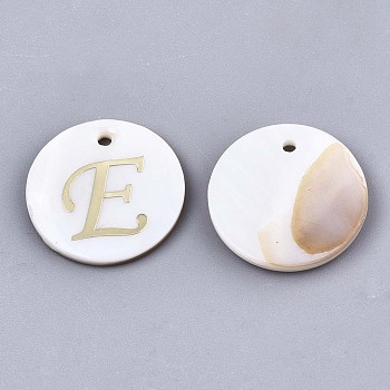 Natural Freshwater Shell Pendants, with Golden Plated Brass Etched Metal Embellishments, Flat Round with Letter, Letter.E, 15x2mm, Hole: 1.2mm