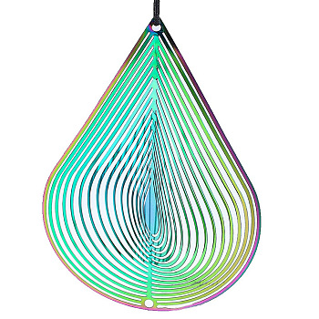 Stainless Steel 3D Wind Spinners, Wind Chime for Outdoor Yard and Garden Patio Hanging Decoration, Rainbow Color, Teardrop, 100mm