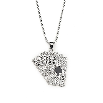 201 Stainless Steel Chain, Zinc Alloy Pendant and Rhinestone Necklaces, Playing Card, Stainless Steel Color, 23.62 inch(60cm)
