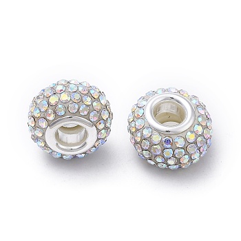 Grade A Rhinestone European Beads, Large Hole Beads, Resin, with Silver Color Plated Brass Core, Rondelle, Crystal AB, 15x10mm, Hole: 5mm