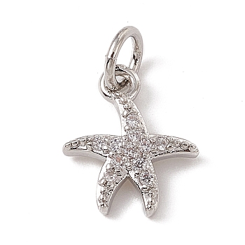 Brass Micro Pave Cubic Zirconia Charms, with Jump Ring, Starfish Charm, Platinum, 12x10x2mm, Hole: 3mm