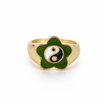 Rack Plating Light Gold Alloy Enamel Wide Band Rings, Cadmium Free & Lead Free, Star with Yin Yang, Dark Green, US Size 7(17.3mm)