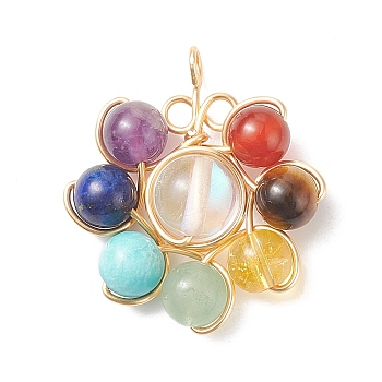 7 Chakra Gemstone Beaded Copper Wire Wrapped Pendants, Flower Charms, Light Gold, Mixed Dyed and Undyed, 29x26x8mm, Hole: 2.2mm