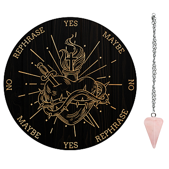 AHADEMAKER 1Pc Wood Pendulum Board, 1Pc 304 Stainless Steel Cable Chain Necklaces, 1Pc Natural Rose Quartz Stone Pendants, for Witchcraft Wiccan Altar Supplies, Heart Pattern, Board: 200x4mm