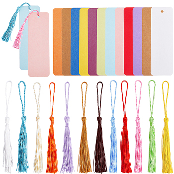 Blank Kraft Paper Card, with Polyester Tassel Decorations, Mixed Color, 142~145x46~47x0.3~0.4mm, Hole: 5mm
