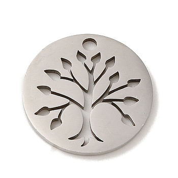 201 Stainless Steel Pendants, Laser Cut, Flat Round with Tree Charm, Stainless Steel Color, 16x1mm, Hole: 1.6mm