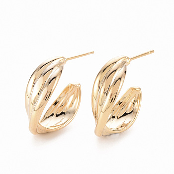 Brass Stud Earrings, Half Hoop Earrings, Nickel Free, Twisted Leaf, Real 18K Gold Plated, 21x7mm, Pin: 0.8mm