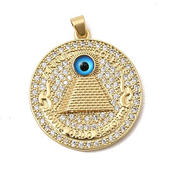 Brass Micro Pave Cubic Zirconia Pendants, Long-Lasting Plated, Rack Plating, Lead Free & Cadmium Free, Flat Round with Evil Eye Charms, Real 18K Gold Plated, with Resin, Real 18K Gold Plated, 39x35x4.5mm, Hole: 5x4mm