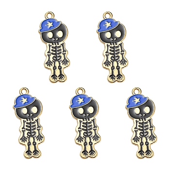 5Pcs Alloy Enamel Pendants, Skeleton with Hat Charm, Golden, Blue, 32.5x13x1.5mm, Hole: 1.6mm