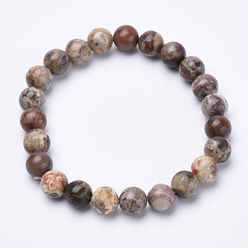 Natural Flower Agate Beaded Stretch Bracelets, Round, 1-3/4 inch~2-1/8 inch(48~54mm)