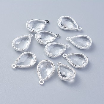 Glass Pendants, with Eco-Friendly Alloy Open Back Berzel Findings, Faceted, teardrop, Silver Color Plated, Clear, 18x12x5mm, Hole: 1.4mm
