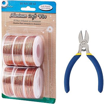 BENECREAT Round Aluminum Wire, with Iron Side Cutting Pliers, Orange, 15 Gauge, 1.5mm, 10m/roll, 6 rolls