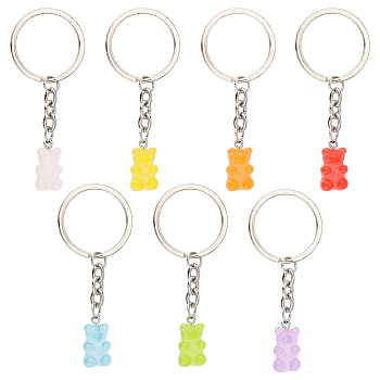 7Pcs 7 Colors Candy Color Transparent Bear Resin Pendant Keychain, for Keychain Mobile Phone Car Key Bag Pendant Decoration, Mixed Color, 7.3cm, 1pc/color